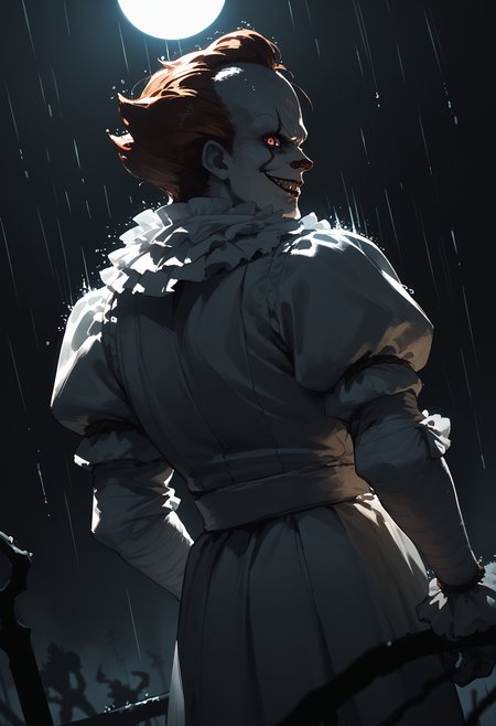 score_9, score_8_up, score_7_up, score_6_up, 1boy, monster, solo, white costume, 
looking back, rain, dark background, silhouette, looking at viewer, evil smile, dutch angle, dim lighting, dark theme,
<lora:pennywise_v0.6-pony:1>
<lora:dark_v1.9-pony:0.7>