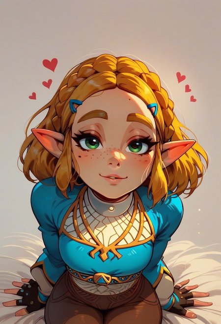 score_9, score_8_up, score_7_up, score_6_up, 1girl, solo, princess Zelda (breath of the wild) ,cute,  freckled face,(perfect round ass), slim waist, cute round face, lidded eyes, red cheeks , brown pants, clothes on, hourglass body,looking at viewer, lots of hearts, face focus, seductive eyes, safe for work