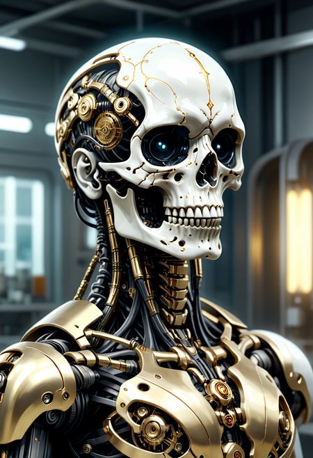 gold tribal warpaint tattoos on skull, Cyberpunk,sci-fi,dark-fantasy,kodak portrait 400,8k,soft light,volumetric lighting,highly detailed,britt marling style 3/4,portrait photo of a war man cyborg robot in a chemical laboratory + face,face is skullbone, intricate,elegant,highly detailed,white porcelain and gold,2D motifs detailed dark fantasy digital painting,artstation,concept art,smooth,sharp focus,illustration. Cosmic light in backfront,
