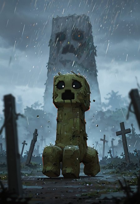 masterpiece, best quality, amazing quality, very aesthetic, absurdres, newest, , detailed background, 
 movie scene, cinematic scene, cinematic, foreground blur, depth of field, 
crpr, no humans, full body, pokemon (creature), open mouth, black sclera, black mouth, green skin
graveyard, cemetery, gravestones, heavy rain, grey sky,, chaos, floating particles, no pupils,
