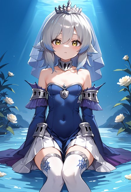 (score_9:0.9),score_8_up,score_7_up,rating_safe,anime style,(zPDXL),(zPDXL3),<lora:Tearlaments Merrli ponyXL v1.1:0.65>,blue dress,tearlaments merrli,silver tiara,blue detached sleeves,mermaid,calf fins,1girl,sitting,solo,blue bridal veil,covered navel,looking at viewer,small breasts,white thighhighs,