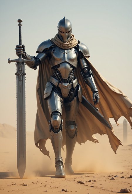 ajchrobo, a photorealistic upper body shot of a menacing towering mechanical knight wielding a giant sword standing amidst a desolate bleaked desert, amidst a fierce thick sandstorm, bad sight, dense atmospheric haze and fog, volumentric backlighting