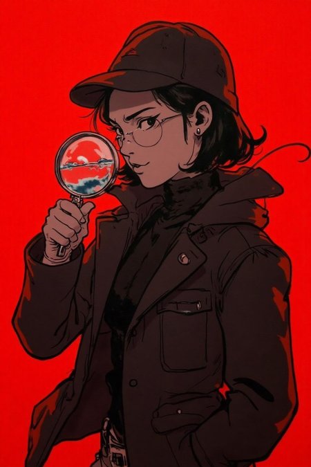 kj9 illustration.
Portrait of a female detective scowling into a magnifying glass. The glass is crystal clear, showing a water portal through the glass. The detective is wearing a black suit that emanates her shadowy figure. 
The background is a solid, vibrant red, which contrasts starkly with her attire and hair, drawing attention to her features. The lighting in the image is soft and even, casting a subtle glow on her skin and hair, giving a slightly ethereal quality. The texture of her sweater is smooth and slightly reflective, suggesting a high-quality fabric. The overall style of the illustration is hyper-realistic, with meticulous attention to detail in the facial features, hair, and clothing. The character's expression is slightly mischievous, with a hint of a smirk, adding a playful element to the image. The composition is slightly tilted upward, giving a sense of intimacy and closeness to the viewer. Realistic anime style.
 <lora:kj91_cap_d6a3e12:1.0><lora:819907105311103318:0>