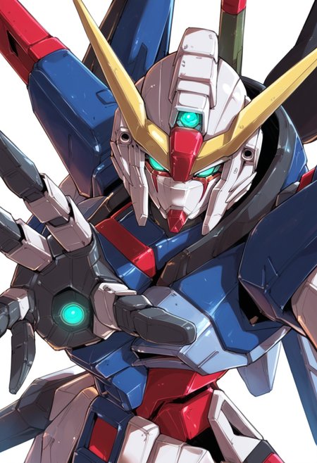 (score_9:0.9),score_8_up,score_7_up,rating_safe,anime_style,(zPDXL),<lora:Destiny Gundam ponyXL v1:0.83>,destiny gundam,solo,open hand,science fiction,glowing,looking at viewer,glowing eyes,green eyes,white background,upper body,mechanical wings,outstretched hand,wing up,