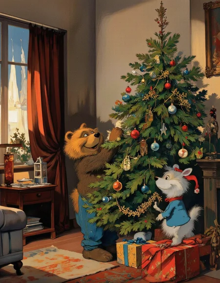 <lora:chzcat:1>, A cheerful cartoon bear decorating a Christmas tree in a festive living room. The bear is standing on tiptoes, placing ornaments on the tree with excitement, surrounded by twinkling lights and wrapped gifts underneath the tree.