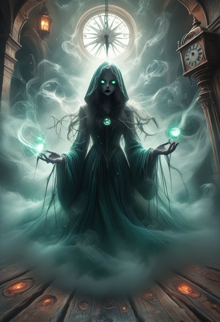 Trippy , lsd- art, The figure of Death is dressed in a black traditional uniform hooded cloak and holds a large staff. She sits on a large clock similar to the dial of an antique wall clock, which shows 12 o'clock. There are many other clocks around. The figure of Death is depicted in a dark and sinister way, creating an atmosphere of mystery and the inevitability of time. The clock is suspended vertically, and the pendulum swings downward, creating a sense of movement and the passage of time. The overall style of the image is simplicity and contrast, using an emerald-ochre palette to emphasize the drama of the scene. trippy