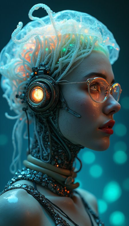 Ethereal cyborg woman, bioluminescent jellyfish headdress. Steampunk goggles blend with translucent tentacles. Cracked porcelain skin meets iridescent scales. Mechanical implants and delicate tendrils intertwine. Human features with otherworldly glow. Dreamy aquatic hues contrast weathered metal. Reflective eyes capture unseen worlds. Soft bioluminescence meets harsh desert backdrop. Fusion of organic and synthetic, ancient and futuristic. Hyper-detailed textures, surreal atmosphere.