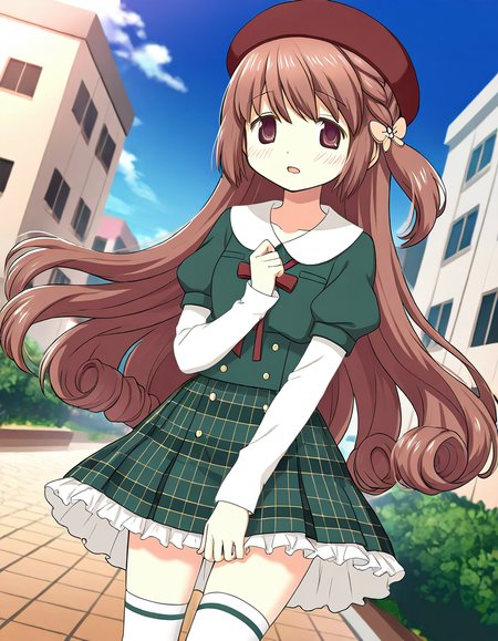 masterpiece, best quality, newest, absurdres, highres, safe, 1girl, satomi touka \(school uniform\), magia record: mahou shoujo madoka magica gaiden, white sleeves, white thighhighs, outdoors, dutch angle, <lora:satomi_touka_noobaiXLNAIXL_vPred10Version:0.7>