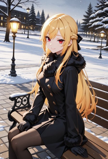 1girl, solo, anime coloring, anime artwork, unholy-aesthetic, masterpiece, best quality, newest, absurdres, highres, safe, CG, cinematic lighting, natural shadow, highest detail, detailed background, intricate scenery, depth of field, insane details, intricate, subsurface scattering, very aesthetic, serene atmosphere, artistic rendering, dramatic contrast, luminous elements, soft painterly texture, striking visual design, finely detailed face, beautiful face, dutch angle, cinematic angle, from side, 
looking at viewer, kind smile,
sitting, sitting on bench,
park, tree, lamp post, snow, cobblestone,
<lora:kaelaIL:0.45> kaelaIL, long hair, french braid, blonde hair, red eyes, tsurime,
<lora:VintageFurTrimCoatILL:0.8> fur trim, fur-trimmed coat, coat, pantyhose, gloves, fur-trimmed gloves, (black gloves:1.5)