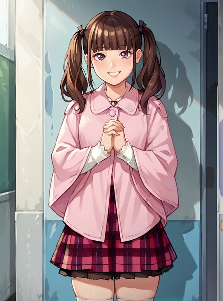 score_9, score_8_up, score_7_up, score_6_up, source_anime, (anime screencap), uncensored    anime coloring  anime coloring,   <lora:KaguraIzumi:0.8>kaguraizumi, 1girl, solo, skirt, smile, thighhighs, bangs, plaid, brown hair, blunt bangs, plaid skirt looking at viewer,  ,twintails,  two side up, thick thighs, , own hands together,  thick thighs,