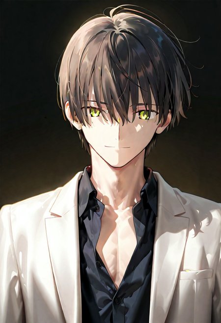 ((masterpiece, best quality, amazing quality, very aesthetic, absurdres)), 
Takeuchi takashi, ((solo)), calm, smile, closed mouth, 1boy, solo, peaceful, closed mouth, slim_build (((yagami_light face))), (((black hair, yellow eyes))), ((short hair, hair between eyes)), (((white suit, open suit, black shirt, collared shirt, black slacks))), no background, dark background, sideshot, cowboy shot, dark background, portrait,