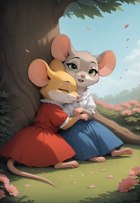 score_9, score_8_up, score_7_up, score_6_up, score_5_up, score_4_up,

duo, m0use_goldie, (feral, cute:1.3), romantic, (hugging:1.3), smile, (head focus), looking at (another:1.3), (sitting under tree:1.2), valentines, (lying:1.3), pink flowers, flower petals,

BREAK 

feral, blue eyes, yellow fur, yellow ears, (short red dress:1.1), 

BREAK

(feral, green eyes, grey fur, grey ears, short blue dress:1.1)