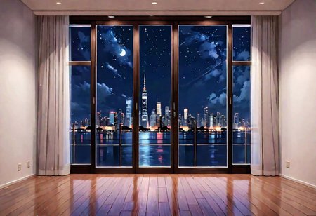 ((((front view)))), Shallow scene, ((animation style)), (((City high-rise building scenery))), ((((City scenery outside the window)))), ((sense of mystery)), (night), starry sky, moonlight, (weak light), (Facing the window), (open window), modern-style interior, Wooden floor, with white walls, (large windows), a living room, sofa and coffee table by the window sill,  (((Sofa placed horizontally))), (Behind the sofa is the window sill),