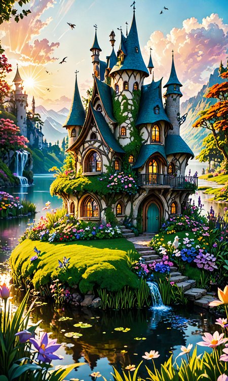 The most amazing dream you ever had about a house. It is so close to the camera, and it's very beautiful. It was just an hour-detailed. A little bird sits on top of the house that will be in a flower garden. The scene looks like a fairy castle made of grass by the lake. It has been lit by sunlight at sunset <hypernet:BadHands:1> <lora:Fast:0.69>