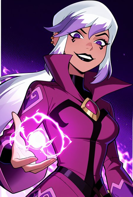 <lora:charmov:1> charmov, long hair, ponytail, , white hair,, 1girl, multicolored hair, purple eyes, ear piercing, two-tone hair, makeup, solo, long sleeves, black lips, purple jacket, long jacket, popped collar, facial expression, dynamic pose, magic, evil smile, evil grin, lookign at viewer,  purple background,, masterpiece, best quality, amazing quality, very aesthetic, absurdres, newest,, upper body, halftone effect, white borders, abstract background:1.2,