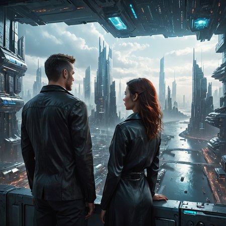 A man and woman looking at a futuristic cityscape,  <lora:Dark_Future_Sci_Fi:0.5>
