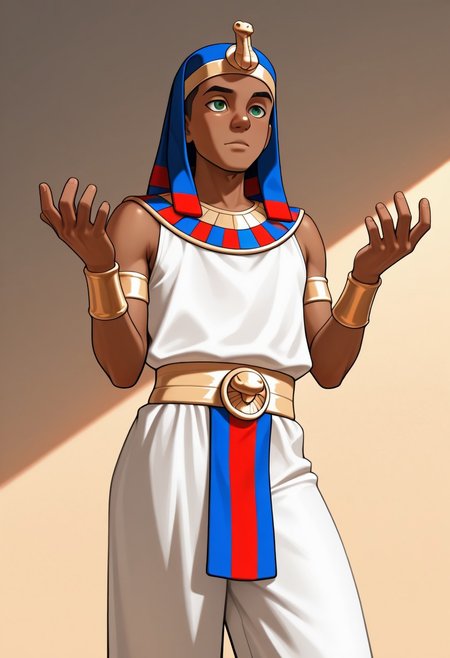masterpiece, absurdres, high quality, perfect anatomy, 1boy, solo, cute boy, male focus, Rapses, Dark Skin, Green Eyes, Egyptian Clothing, Egyptian Headdress, golden wristbands, cinematic, intricately detailed illustration, depth of field, masterpiece, best quality, amazing quality, very aesthetic, absurdres, newest, very awa,  shadow, dynamic angle, casual cosplay, dynamic pose, simple background,