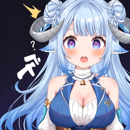 rating_questionable, 1girl, MinaiAruma, (open mouth:0.6), (shock:1.3), wide-eyed, (trembling:0.8), blue long hair, grey horn, (double bun:0.7), waistcoat, (cleavage:0.8), (chibi:0.4), sleeveless, looking at viewer BREAK
dark background, simple background, 
<lora:MinaiArumaXL_autismmixPony:1>, bust, masterpiece, newest, absurdres, rating_safe, sfw