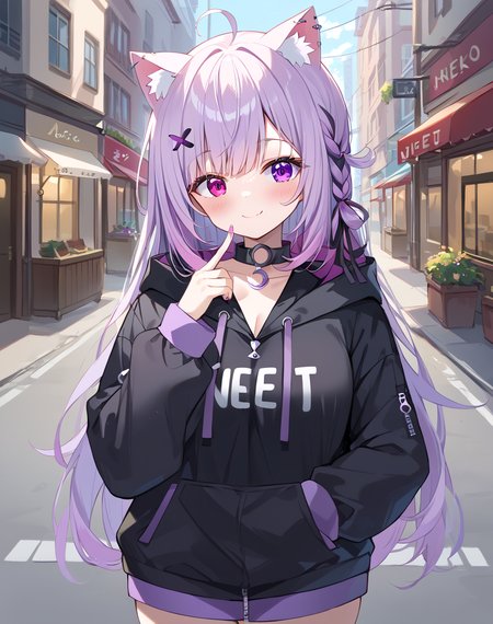 mikeneko, mikeneko_neko_purple, purple hair, long hair, heterochromia, pink eye, purple eye, cat ears,   hair ornament,  braid,  hood down, ahoge, hair ribbon, neet hoodie, black hoodie, o-ring chocker  BREAK outdoors,city street, night BREAK sexy pose, looking at viewer, sexy face, sexy smile, cowboy shot, dynamic pose, BREAK score_9, score_8_up, score_7_up, source_anime ,zPDXL, perfect hand,<lora:Mikeneko:0.8>