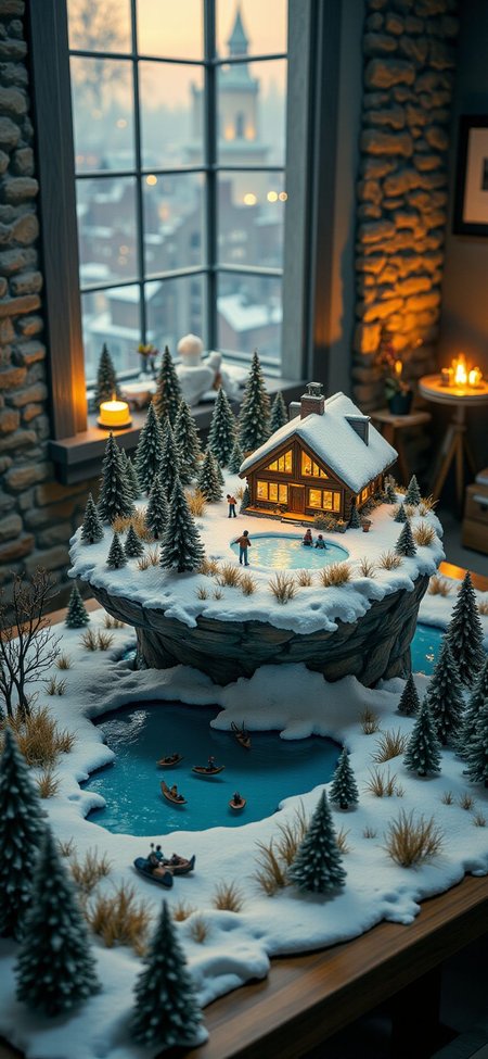 (indoor,very wide isometric view,tilt-shift lens:1.6), (windowless,fna_style,miniature,miniature,diorama,miniature,diorama,PVC,plastic:2),dawn snow,forest,skate rinks,lodge  at (floating island,levitating  island:1.5) on (table:2) at (attic:2.5)   <lora:Diorama_Flux:1>
<lora:Fantasy_Novel_Art_Style:1>