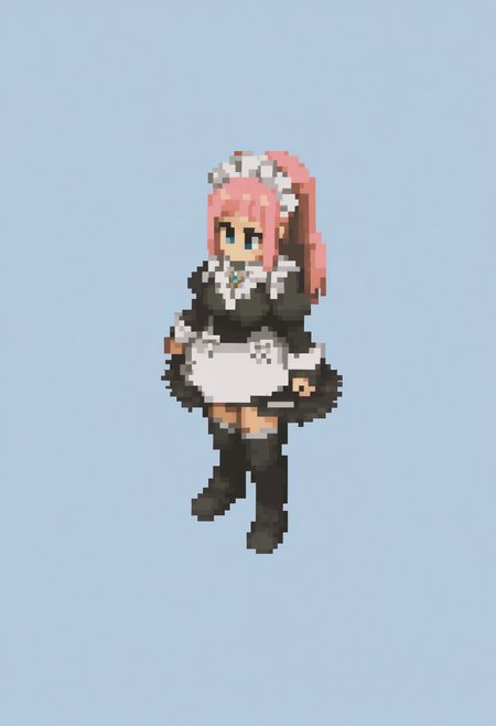 masterpiece, best quality, solo, 1girl, looking at viewer, <lora:FFT-Sprites-illus_Fp:1>, looking at viewer, from side, full body, standing, solid oval eyes, no mouth, no nose, pixel art, simple background, <lora:felicia-fe-richy-v1_ixl:1>, f1cdf, blue eyes, pink hair, long hair, ponytail, sidelocks, blunt bangs, maid headdress, black feathered collar, blue brooch, medium breasts, maid, juliet sleeves, maid apron, bridal gauntlets, black thighhighs, thighs