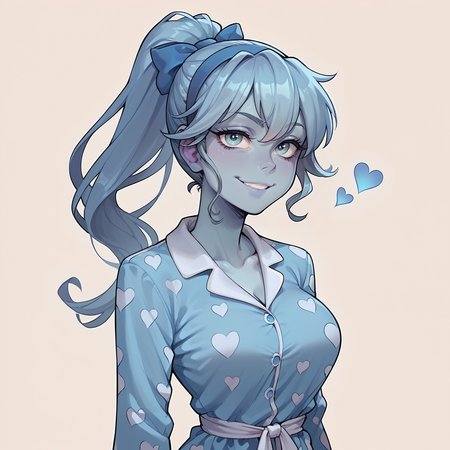 score_9, score_8_up, score_8, score_7_up,score_7, source_anime, rating_explicit, hires, (detailed,best quality:1.2),(<lora:Expressive_H:0.3>), (<lora:JGStyle:0.5>), (<lora:incase-ilff-v3-4:0.7>),1girl, solo (((skinny:1.3))), narrow waist, thin, petite,  <lora:pollygeist-guy-PONYv1:0.8> , pollygeist, blue skin, large breasts, portrait, close-up, smug, high ponytail, blue eyes, full face, blue hair,   <lora:BluePrintedPajama:0.7> , Jed-blupa, 1girl, bluepajama, white hearts on pajama, blue ribbon hairband , barefoot,