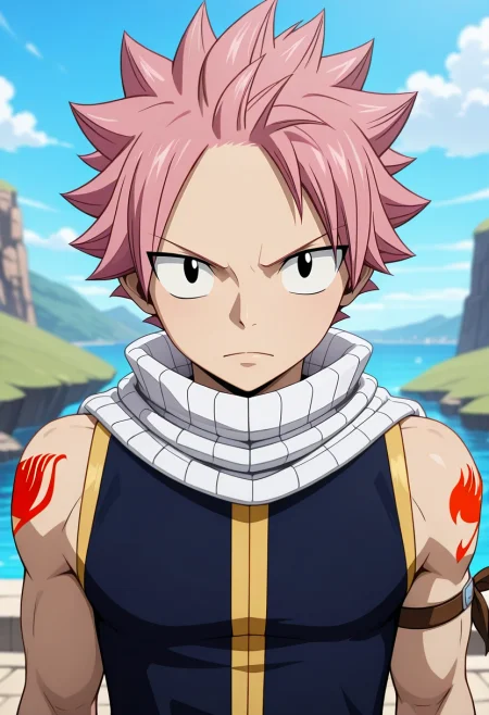 masterpiece, best quality, , (3d:0.4), looking at viewer, 1boy, solo, male focus, <lora:natsu_dragneel_ilxl:0.98>, natsu_dragneel, pink hair, black eyes, spiked hair, , , ,