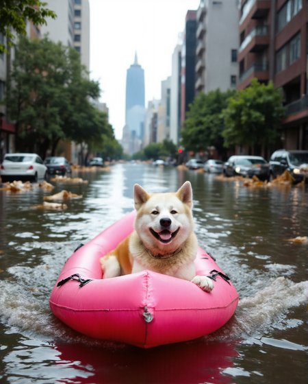 Imagine an image in the style of cinematic photorealism: A joyful Akita Inu dog named Yujin, happily navigating the flooded city streets in a pink flamingo inflatable boat. Yujin is smiling contentedly as he passes by half-submerged vehicles and debris. The boat's wake creates ripples that distort the reflection of a distant, partially flooded skyscraper., <lora:flux\personas\YujinLiz.safetensors:1.0:1.0> <lora:flux\estilos\Flooded_Streets_Flux.safetensors:1.0:1.0> <lora:flux\estilos\PCB_Image_Enhancer_for_FLUX.safetensors:1.0:1.0>