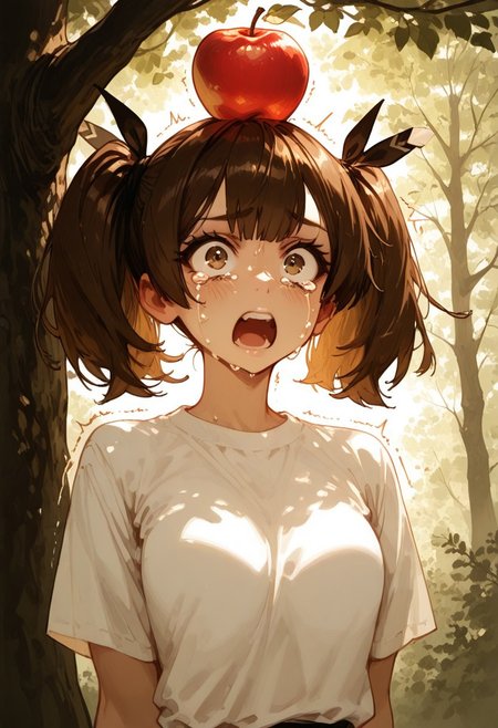 masterpiece, best quality, very aesthetic, absurdres, ambient light, soft light, SagawaStyle, Rapscallionstyle,
 1girl, solo, short hair, standing straight, white tshirt, a apple on top of her head, paniced, shocked, large eyes, tears in eyes, standing in front of a large tree, arrows on tree, arrowtails on tree near girls, arrows near girl's head, shaking body, sunny, front view, upper body,
