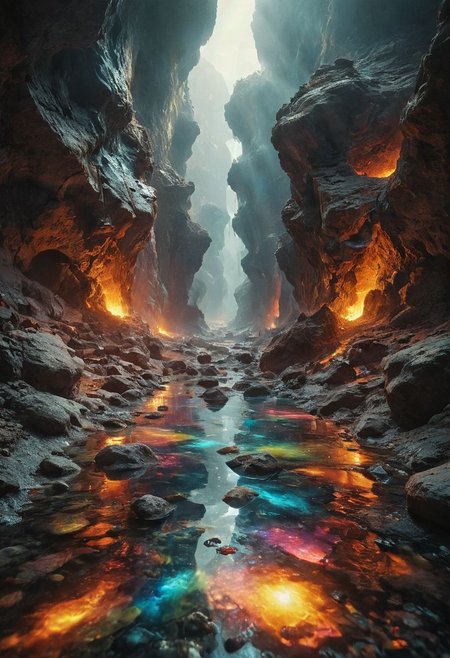 Giant alien canyon made with crystalline carapace, iridescence color, fine reflection, water on the floor, reflections, intricate complexity details, parts made with crystalline rainbow colors, giant blacks stones, myst, volumetric lighting, rim light, 
Wide range of colors., fire and ice, Dramatic,Dynamic,Cinematic,Sharp details
Insane quality. Insane resolution. Insane details. Masterpiece. 32k resolution.
