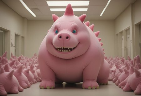 epic, cinematic, a towering (clown) pink chonkasaurus, chonkasaurus crowd, desaturised colours, in a sterile room, <lora:chonkasaurus-000003:1>