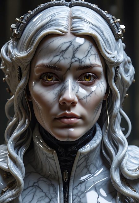 imagine extreme close-up, cybernetic mythpunk woman, her skin is entirely made out of marble, white with gray / black veins, detailed yellowish-orange mechanical eyes, subtle neon implants. Partially concealed expression, hinting at ancient secrets. Single abstract light source, rim lighting through mist, soft ethereal glow. Synthweave armor, blend of homespun, leather, and runic armor pieces. Casting a spell, opening a portal within an alien cave – a futuristic mad scientist's lab. Profound mystery, quiet intensity.