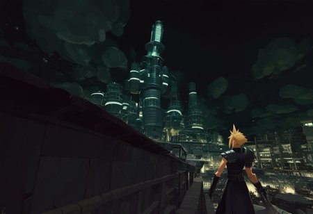 score_9, score_8_up, score_7_up, Cloud Strife leaning against a ledge, looking intently at shine s headquarters, holding Buster Sword, shoulder armor, sleeveless turtleneck, in midgar city at night overlooking shinra_hq, dim street lighting, solo, beautiful, androgynous, shoulder armor, industrial cityscape, from front, heavy smog,