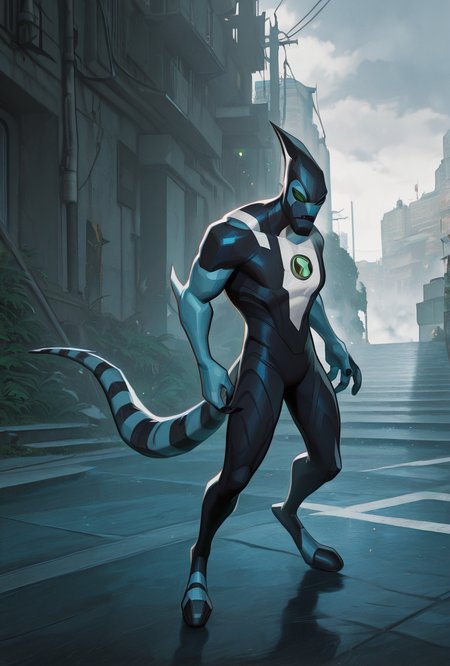 <lora:xlr8-08:1> xlr8, solo, green eyes, blue skin, 1boy , stripped tail, 1boy, black mouth strip,, detailed background,   <lora:AMarvelRivals_style-06:1> MarvelRivals, , , semi realistic, cartoon, character focus, masterpiece, best quality, amazing quality, very aesthetic, absurdres, newest,