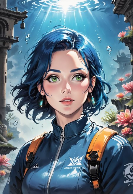 score_9, score_8_up, score_7_up, 1girl, solo, underwater explorer, advanced diving suit with bioluminescent accents and high-tech gadgets, futuristic harpoon gun with a sleek design and glowing energy core, short wavy blue hair with a diving mask, realistic, cinematic angle, cinematic lighting, athletic body, curious face, sparkling green eyes, exploratory pose
BREAK
exploring a sunken ancient city beneath the ocean
BREAK
source_sci-fi_art, rating_explicit, expressive, half body, dynamic pose
BREAK
detailed beautiful background, mystical underwater landscape with ancient ruins and coral reefs, bioluminescent plants and glowing sea creatures, distant shipwrecks and underwater caverns, serene atmosphere with a sense of discovery and wonder
<lora:Expressive_H:0.6>Expressiveh, (SimplepositiveXLv1:1.3), (upper body, full clothed:1.85) ((masterpiece)) (ultra realistic, 32k, masterpiece:1.2), (high detailed skin:1.1), (high quality:1.1) (((full clothed))) <lora:DandonFuga_Style_v.2_-_Pony:0.8> 
<lora:add-detail-xl:1> 
<lora:Dynamic Poses:1>