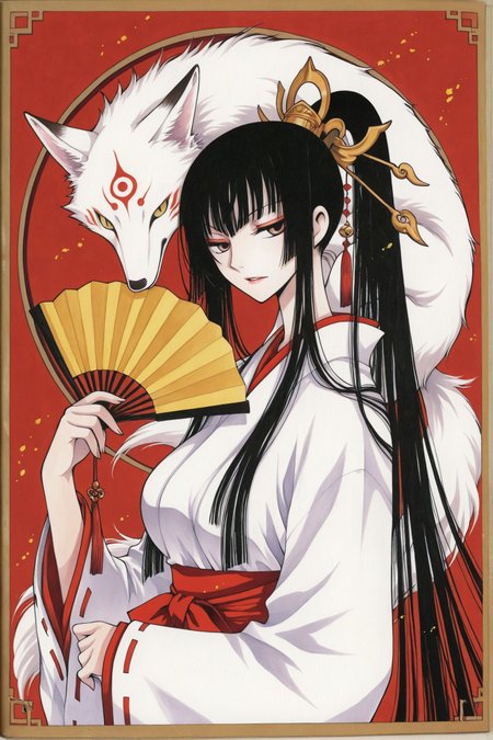 Ichihara Yuko,1girl,japanese clothes,black hair,fox,hand fan,long hair,solo,miko,upper body,looking at viewer,fume,traditional media,
<lora:xxxHOLiC_illustriousXL:1>,