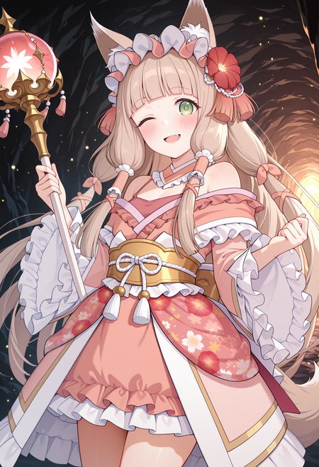 highres, best quality, masterpiece, cave, light particles,
1girl, solo, pcrmaho, light brown hair, green eyes, animal ears, tail, fang, blunt bangs, tareme,
pmahod3s, very long hair, hair tubes, frilled hairband, hair flower, red flower, bare shoulders, detached collar, pink kimono, kimono dress, sash, gold obi, frilled kimono, floral print, off shoulder, wide sleeves, frilled sleeves, back bow,
looking at viewer, smile, blush, open mouth, one eye closed,
standing, holding staff, thighs,
<lora:_maho_pcr-elesico-rev3:1>