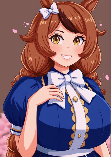 1girl, yamanin zephyr (umamusume), huge breast, , animal ears, blue shirt, blurry, blurry foreground, blush, bow, bowtie, brown hair, grin, horse ears, long hair, looking at viewer, low twintails, multicolored hair, petals, puffy short sleeves, puffy sleeves, shirt, short sleeves, smile, solo, teeth, twintails, two-tone hair, upper body, white bow, white bowtie, yellow eyes, handfixer,zPDXL3 <lora:Breast Slider - Pony_alpha1.0_rank4_noxattn_last:3> <lora:HandFixer_pdxl_Incrs_v1:1>    <lora:ellenent:1>