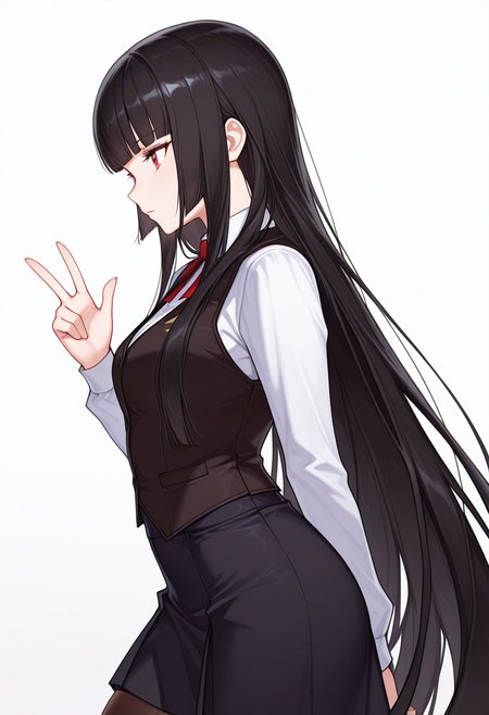 Smooth Quality,masterpiece,very intricate, high quality details, ultra realistic, high detailed skin,detailed enviorement,absurdres,
w,
 <lora:Atre_CNR:0.8> atre_cnr, 1girl, black hair, very long hair,blunt bangs, red eyes,, simple background, white background, from side,solo,, despair,, waistcoat,   ,zip-up vest,  ,stockings, ,