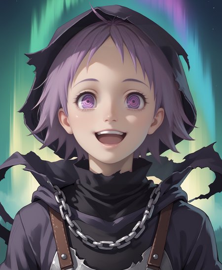 (score_9, score_8_up), score_7_up, score_6_up, best quality, standing, portrait, close up, 
<lora:ebisu:0.8>, solo, 1girl, lovely, cute, 
3bisu, purple hair, short hair, purple eyes, ringed eyes, happy, excited, turtleneck
slim:1.2, slender, petite:1.3, short, skinny, androgynous, open mouth,
 <lora:Curse_Maker_Etrian:1>,
pale skin, short hair, cloak:1.3, torn clothes, hood, (hood up:1.3),  chain, shackles, bandages, black bandages, chain around neck, 
nighttime, strong wind, spread arms, aurora borealis,