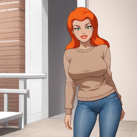 <lora:poisonivybtas_pony_v1:.8>PoisonIvy, 1girl, large breasts, green eyes, red hair, makeup, lipstick, long hair, red lips, sweater, jeans