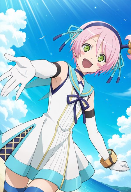 ocean, clouds, day,
open smile,  reaching out, blush stickers,
cowboy shot , dynamic angle,
looking at viewer,
BREAK,
<lora:kanonnoEX_illustriousXL_v01:0.9>
kanonnoedef, kanonno earhart, pink hair, short hair, green eyes, ponytail, bow hairband,
white dress, sailor collar, sleeveless dress, elbow gloves, 
black thighhighs,, source_anime, very aesthetic, anime coloring, masterpiece, 
best quality, amazing quality, ultra detailed, very aesthetic, 
detailed background, 
BREAK,