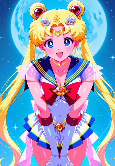 (1990s:0.2), (retro_artstyle:0.2),masterpiece,extremely detailed,best quality,amazing quality,newest,absurdres,highres, super detailed skin,1 girl, supersailormoon, twintails, circlet, earrings, heartchoker, white back bow ,gloves, miniskirt,, smile, open mouth. at_night, 