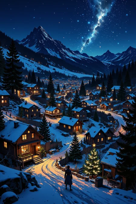 a village at christmas beautiful  landscape, bright luminous night, woman, very intricate, very detailed, sharp, bright, colorful, <lora:Hand v2:0.5> <lora:Anti-Blur:1><lora:Insane Detail Slider:0.25>  <lora:flux.1_lora_flyway_Epic-detail_v2:0.3> <lora:fluxenhancer:0.25> <lora:ROWER:0.8> <lora:Anime art - Variant 3:0.6> Anime art
