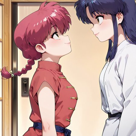 masterpiece,best quality,amazing quality,very aesthetic,absurdres,newest, huge filesize,
<lora:spo_sdxl_10ep_4k-data_lora_webui:0.5>,
<lora:add-detail-xl:1>
1girl ranma, long_hair,red_hair, braided_ponytail, green eyes, 
1girl akane, low-tied_long_hair, sidelocks, blue_hair, hair_bow,  brown_eyes
 (from side,side view), seductive smile, 
open clothes,  looking each other, looking up, focus on face, heads at center of frame