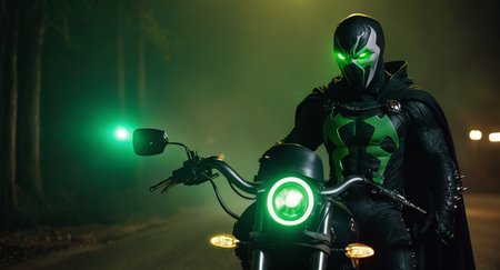 Dark Fantasy Art of (Cinematic Film stock footage style) in (arri alexa style) (Kodak film print style),
 <lora:Spawn:1>
Spawn a man in a black living symbiotic costume suit standing next to a motorcycle with a glowing green eyes, dark, moody, dark fantasy style