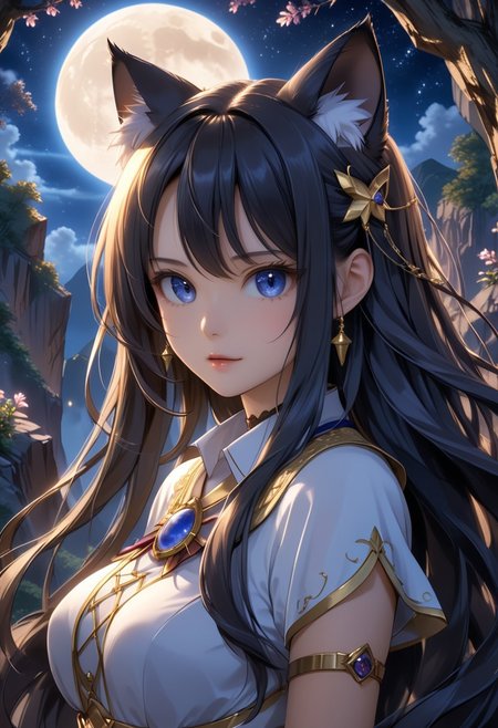 score_9, score_8_up, score_7_up, score_6_up, dynamic, (anime, masterpiece), best quality, (8k), detailed background, sharp focus, intricate, ambient lighting, super high quality, hyper detailed background, cinematic lighting, adult, double tone long hair, medium breasts, verybadimagenegative_v1.3, Moonlit, Starlight Piercing, Silken Shadows, Lunar Whisper, cat ears, cliff, moon
