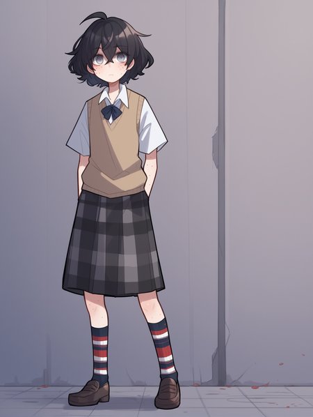 score_9, score_8_up, score_7_up, score_6_up, score_5_up, score_4_up, source_anime, BREAK
1girl, solo, looking at viewer, <lora:PopokaXL:1> popokaxl, black hair, white shirt, sweater vest, plaid skirt, socks, different colored socks, loafers, freckles, grey eyes, empty eyes, blind girl, standing,