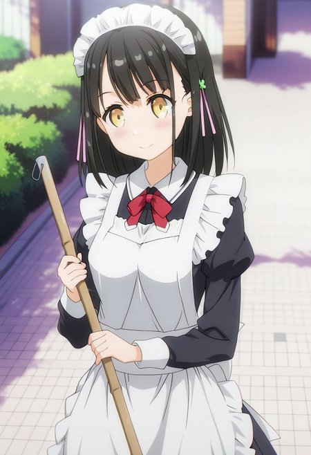 masterpiece, best quality, newest, absurdres, highres, anime,
hanasaka yui, yellow eyes, black hair, hair ornament,
1girl, solo, blush, smile,
maid, maid apron, maid headdress, puffy sleeves,
cleaning, broom,
scenery,