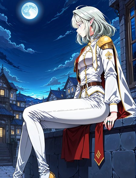 <lora:Alea_Triscan__The_Beginning_After_the_End__Illustrious:1>
1 girl, solo, elf, pointy ears, light blue eyes, grey hair, medium hair, hair behind ear, hair between eyes,ahoge,  military uniform, white cape, epaulettes, ring, jewelry, white pants, long sleeves, white thigh boots, thighhighs, high heels, belt, white jacket, red sash
score_9, score_8_up, score_7_up, score_6_up, source_anime, masterpiece, best quality, absurdres, highres, newest, anime coloring <break>  1girl, solo, sitting, on wall, from side, town, night sky, cloud, night, blue moon, <lora:iLLMythG0thicL1nes:1>